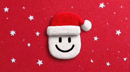 Cheerful Holiday Marshmallow Character with Santa Hat on Red Glitter Background Surrounded by Stars for Festive Celebrations and Seasonal Themes