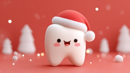 Cute Cartoon Tooth Character Wearing Santa Hat for Christmas Celebration, Festive Background with Christmas Trees and Bokeh Lights, Perfect for Holiday Marketing and Childcare Themes
