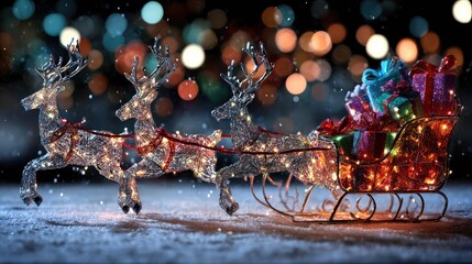 Sparkling Holiday Scene with Glowing Reindeer and Sleigh Filled with Colorful Gifts Against a Festive Bokeh Background for Joyful Seasonal Celebrations