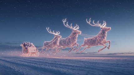 Enchanting Winter Scene with Illuminated Reindeer Pulling a Sleigh Filled with Gifts Under a Starry Sky, Capturing the Spirit of the Holiday Season