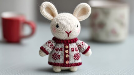Adorable Handcrafted Knitted Rabbit Toy in Cozy Sweater, Charming Home Decor Accent for Children&rsquo;s Rooms and Unique Gift Idea for All Ages