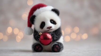 Adorable baby panda wearing a Santa hat holding a shiny red ornament on a soft background with warm bokeh lights, perfect for holiday-themed designs and festive celebrations.