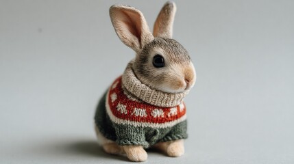 Adorable bunny wearing knitted sweater showcasing a charming design, perfect for seasonal themes, family-friendly content, and heartwarming animal photography