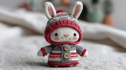 Adorable Handcrafted Rabbit Doll in Cozy Knitted Outfit with Ears, Button Details, and Soft Colors, Perfect for Winter Decor or Children's Playtime