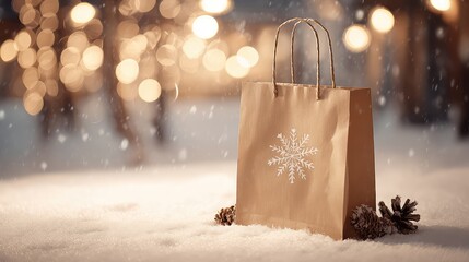 Festive Brown Paper Bag with Snowflake Design in Winter Wonderland Setting Surrounded by Snow and Pinecones, Ideal for Holiday Shopping and Seasonal Promotions
