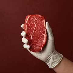 A person's hand wearing a gauntlet is holding a piece of meat.