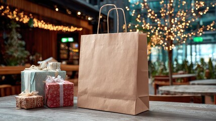 Empty Brown Paper Bag Surrounded by Colorful Wrapped Gifts in Festive Setting with Decoration Lights and Holiday Atmosphere for Shopping and Celebration