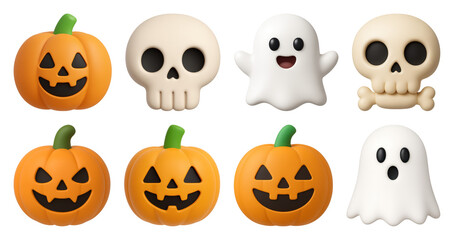 Fototapeta premium PNG Halloween emojis pumpkins ghosts skulls, element set on transparent background