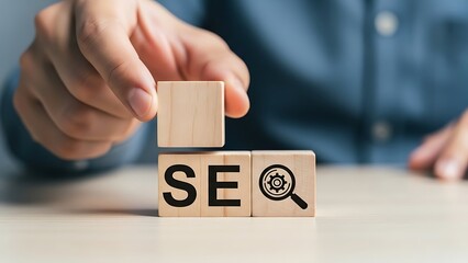 Hands building a block tower with the letters seo on the base representing search engine optimization