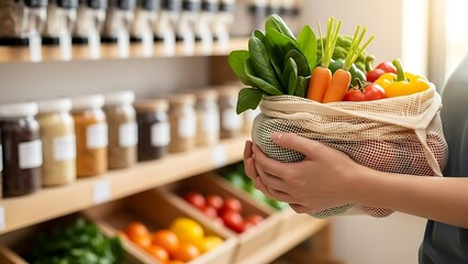 A person holds a reusable cloth bag filled with fresh, colorful vegetables and fruits in a grocery store.