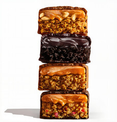 Pieces of protein bar stacked on top of each other with a caramel flavor and caramel dripping on them