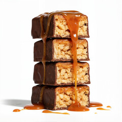 Pieces of protein bar stacked on top of each other with a caramel flavor and caramel dripping on them