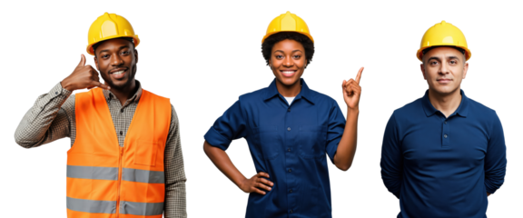 Professional multi-ethnic group of three industrial workers, two men and one woman, wearing yellow hard hats and work uniforms, posing confidently on a black studio background.