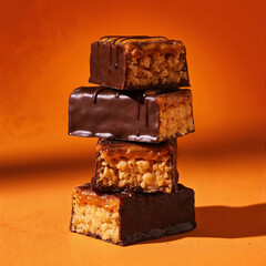 Pieces of protein bar stacked on top of each other with a caramel flavor and caramel dripping on them