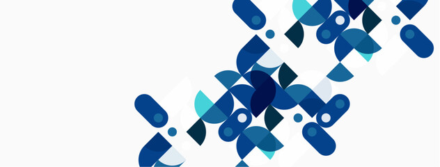Abstract geometric shapes, blue hues, white background. Overlapping circles, squares create dynamic pattern. Modern design element.