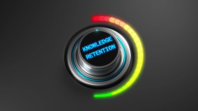 3D animation of a rising knowledge retention level on a color dial from green to red. Ideal for education, training, learning analytics, or academic visuals