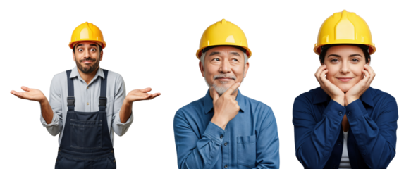 Diverse group of three construction workers in yellow hard hats: a young man shrugging, an older Asian man thinking, and a young woman smiling, showcasing various emotions and problem-solving