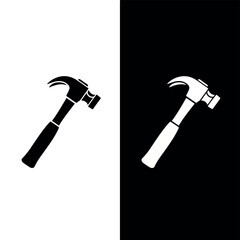 Two claw hammers, one black silhouette on white, one white silhouette on black tool construction 
