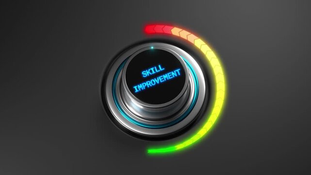 3D animation of a rising skill improvement level on a color dial from green to red. Ideal for learning, professional development, training progress, productivity, or performance 