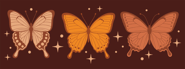 Three Boho Style Butterflies with Sparkles in Earthy Tones Keywords: butterflies, boho, bohemian, style, earthy, tones, brown, orange, peach, beige