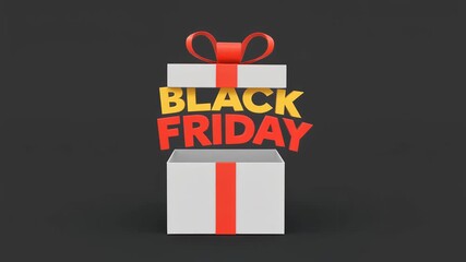 An open white gift box with a red ribbon revealing the words 'BLACK FRIDAY' in yellow and red, set against a dark background.
