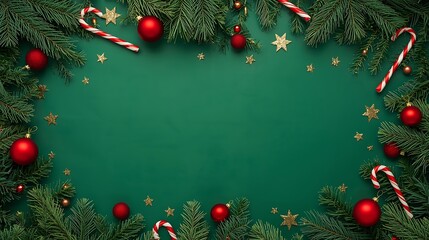 Festive christmas frame made of fir branches red ornaments and candy canes on green background