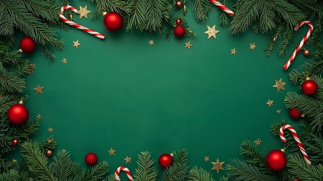 Festive christmas frame made of fir branches red ornaments and candy canes on green background - Powered by Adobe