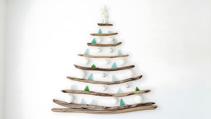 Coastal Driftwood Christmas Tree Decoration on White Wall nautical beach