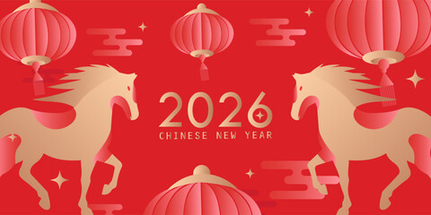 Chinese New Year 2026 horizontal banner with zodiac Horse symbol on red background and place for your text. Celebrating, new year 2026, independence day. Vector design for web, social media post.