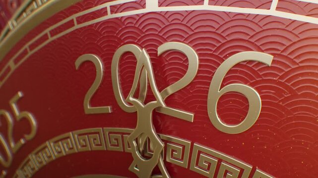 2026 Lunar New Year.Happy chinese new year. The clock strikes 2026, Year of the Horse, fireworks, Red lanterns, colorful lights, joyful atmosphere. Perfect for holiday greetings, party invitation. 3D.