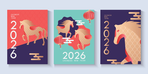 Chinese New Year 2026 horizontal banner with zodiac Horse symbol on red background and place for your text. Celebrating, new year 2026, independence day. Vector design for web, social media post.