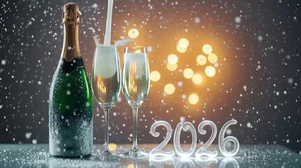 Pouring champagne into glasses on a snowy table, celebrating a happy new year 2026 with festive lights. - Powered by Adobe