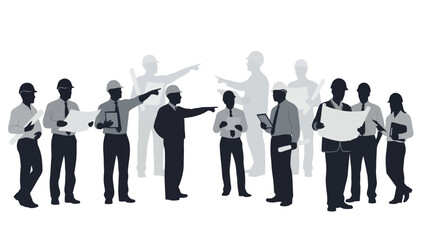 Team of Architects and Engineers in Helmets Discussing Blueprints on White Background