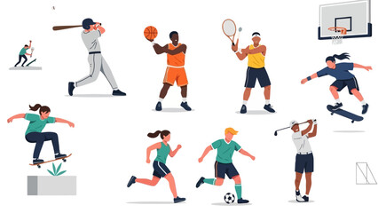 Diverse Group of Athletes Playing Various Sports in Dynamic Poses - Vector Art