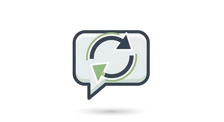 A speech bubble, outlined in dark blue, encases two arrows in a circular motion, one dark, one light, indicating a cycle