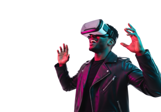Young african american man in a leather jacket wearing a vr headset, expressing awe under cinematic magenta and cyan neon rim lighting. concept of deep immersion in metaverse - Powered by Adobe