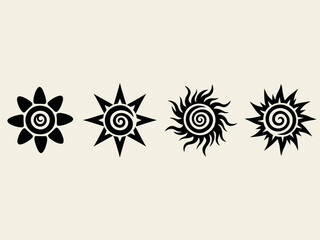 Tribal Spiral Sun Icons &ndash; Minimalist Black Sun Symbol Set for Tattoos and Boho Design