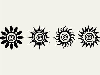 Tribal Spiral Sun Icons &ndash; Minimalist Black Sun Symbol Set for Tattoos and Boho Design