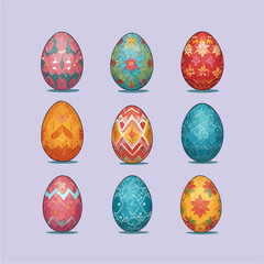 Vector illustration set of nine colorful Easter eggs featuring various ornamental patterns, floral designs, and geometric shapes, representing spring holiday tradition and decoration concept