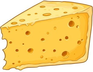 A cartoon illustration of a triangular slice of yellow Swiss cheese with various holes, representing dairy food and ingredients, isolated on a white background