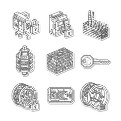 A curated set of black and white line art icons illustrating critical concepts of digital security, industrial control, and technological infrastructure.