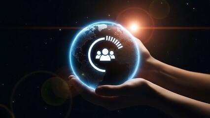 Hands holding a glowing orb displaying a network of people connected by digital lines and data streams