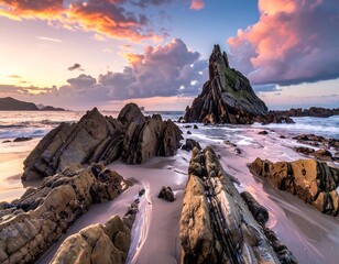 Coastal scene with rock formations at sunset under vibrant skies