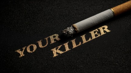 A cigarette lies on a black surface with text that conveys a serious message about the dangers of smoking and the health risks associated with tobacco use. The inscription "Your Killer"