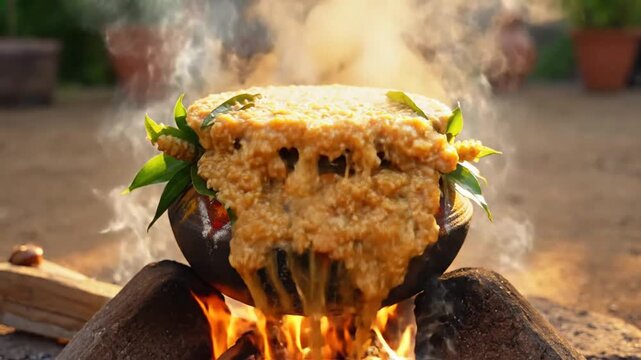 Boiling Sweet Pongal Overflowing Clay Pot Moment