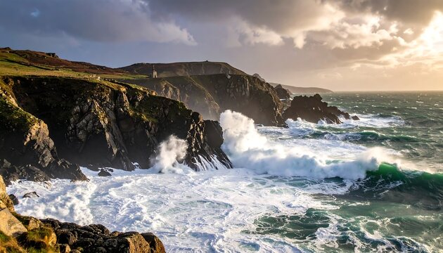 Coastal scene powerful waves crashing against rocky cliffs under a dramatic sky - Powered by Adobe