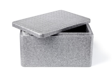 Empty gray styrofoam box with lid on white background