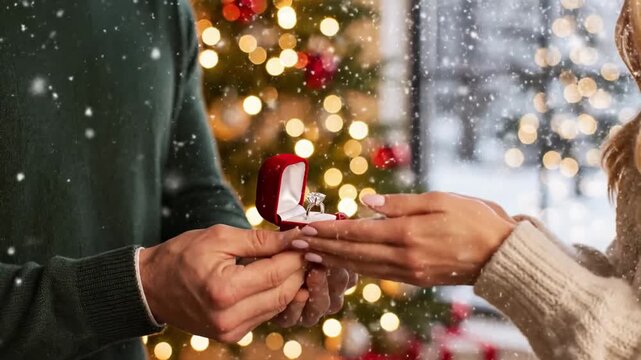 Man proposing marriage with diamond engagement ring to woman against festive Christmas tree lights and falling snow for holiday blogs, romantic articles, relationship websites, and celebration cards