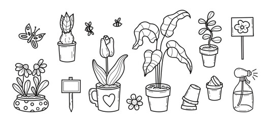 Potted Plants Doodle Set. Gardening, Hobbies and Houseplants. Hand Drawn Line Art. Isolated Outline Flowers, Gardening Tools And Insects. Vector Illustration. Not AI