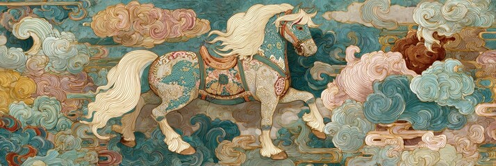 Chinese mythical celestial horse standing in clouds